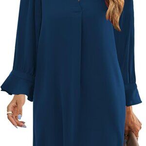 Women Long Sleeve V Neck Casual Swing Dress Lightweight Polyester Size S-2XL